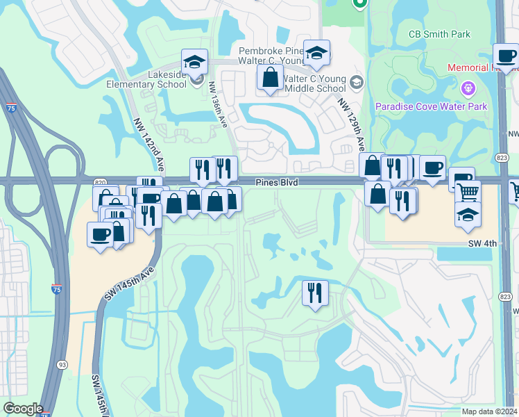 map of restaurants, bars, coffee shops, grocery stores, and more near 13455 Southwest 3rd Street in Pembroke Pines