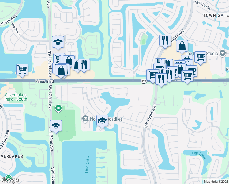 map of restaurants, bars, coffee shops, grocery stores, and more near 16432 Southwest 1st Court in Pembroke Pines