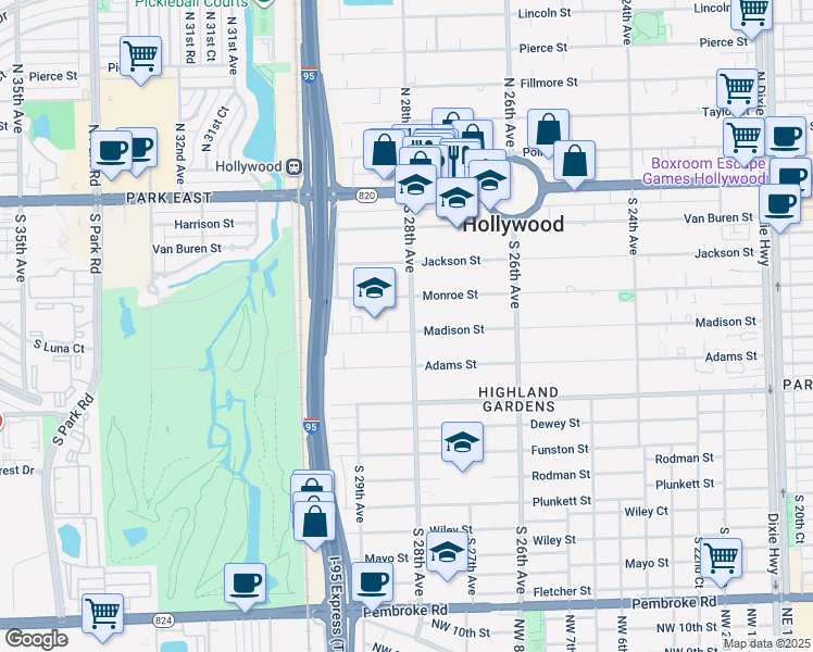 map of restaurants, bars, coffee shops, grocery stores, and more near 613 South 28th Avenue in Hollywood