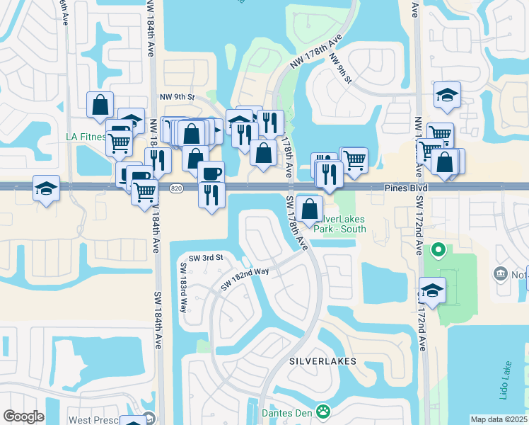 map of restaurants, bars, coffee shops, grocery stores, and more near 17903 Southwest 2nd Street in Pembroke Pines
