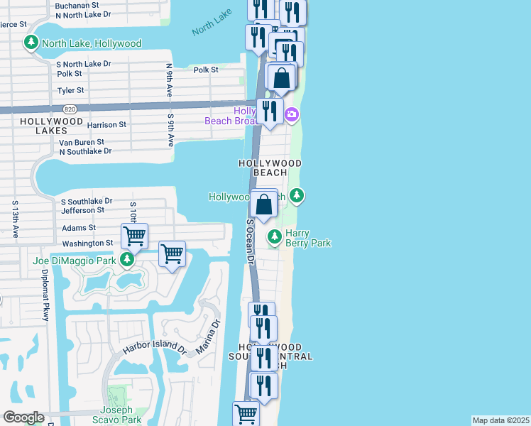 map of restaurants, bars, coffee shops, grocery stores, and more near 1201 South Ocean Drive in Hollywood
