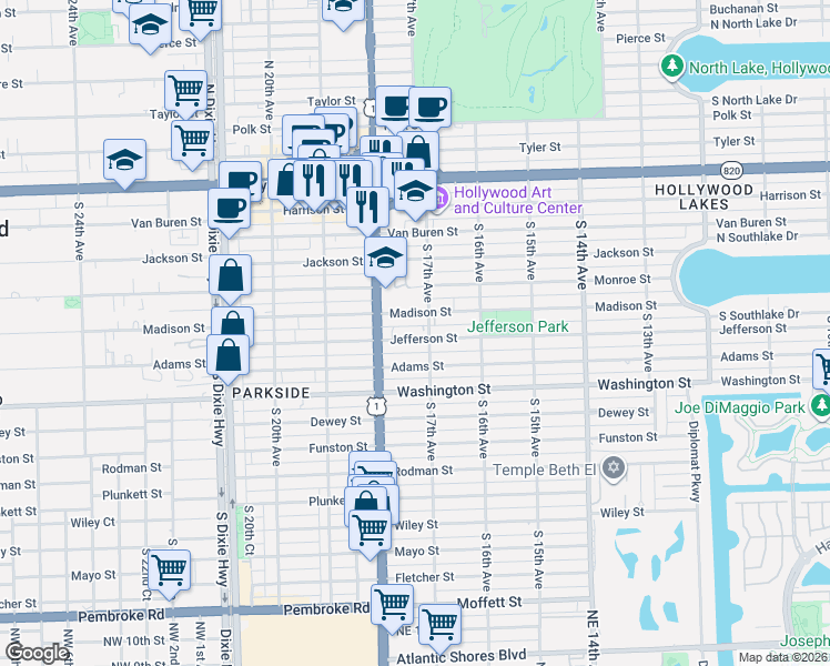 map of restaurants, bars, coffee shops, grocery stores, and more near 1736 Jefferson Street in Hollywood