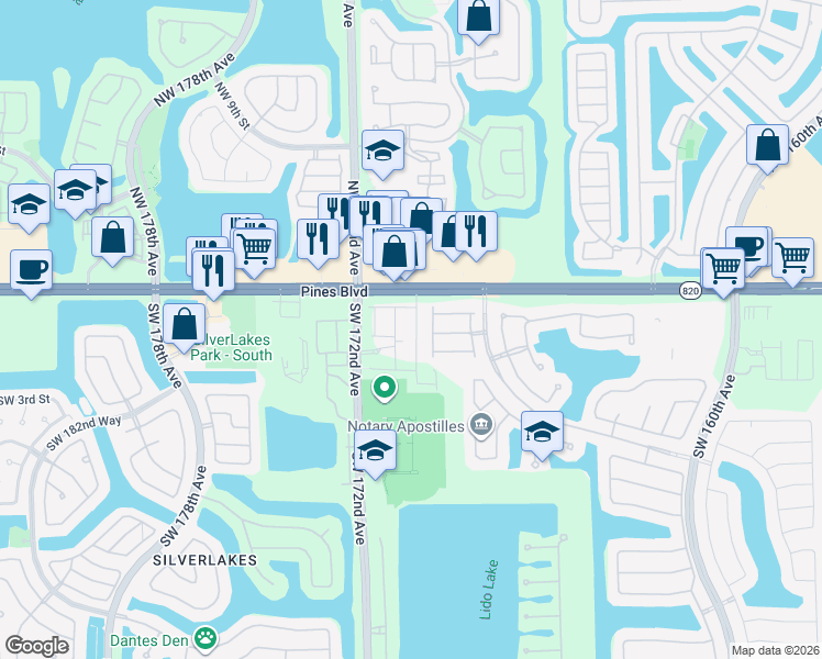 map of restaurants, bars, coffee shops, grocery stores, and more near 201 Southwest 172nd Avenue in Pembroke Pines