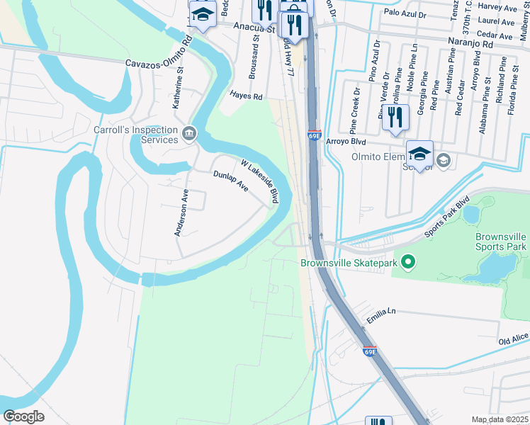 map of restaurants, bars, coffee shops, grocery stores, and more near 6625 Lakeside Blvd E in Olmito