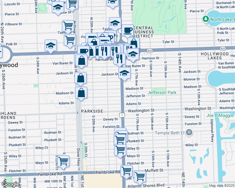map of restaurants, bars, coffee shops, grocery stores, and more near 1811 Jefferson Street in Hollywood