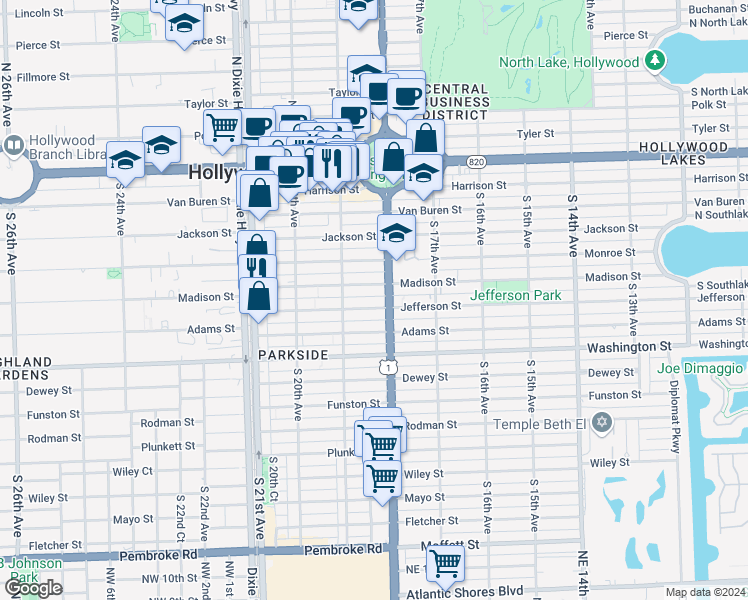 map of restaurants, bars, coffee shops, grocery stores, and more near 1811 Jefferson Street in Hollywood