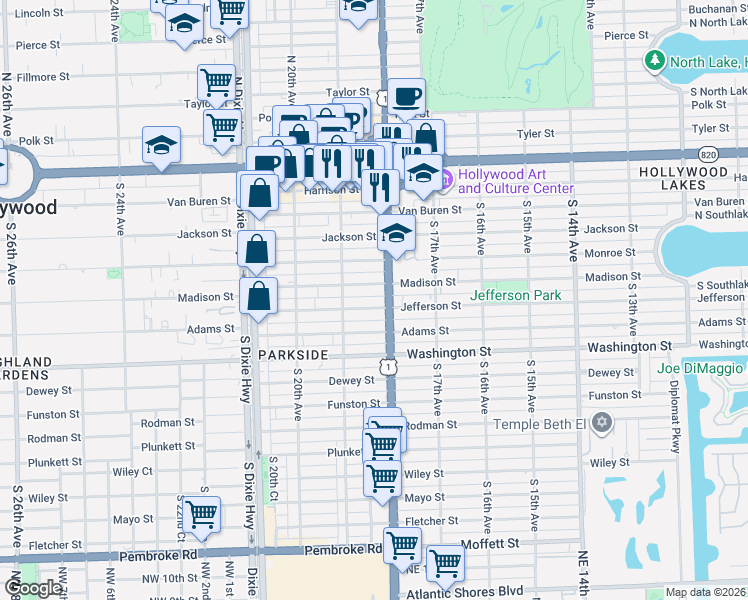 map of restaurants, bars, coffee shops, grocery stores, and more near 1813 Madison Street in Hollywood