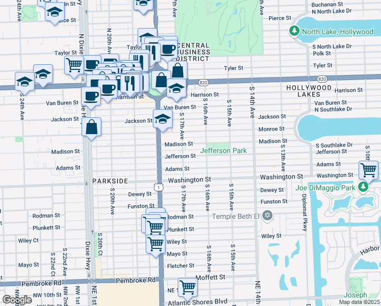 map of restaurants, bars, coffee shops, grocery stores, and more near 1653 Madison Street in Hollywood