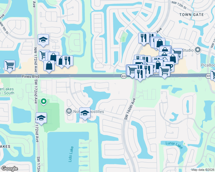 map of restaurants, bars, coffee shops, grocery stores, and more near in Pembroke Pines