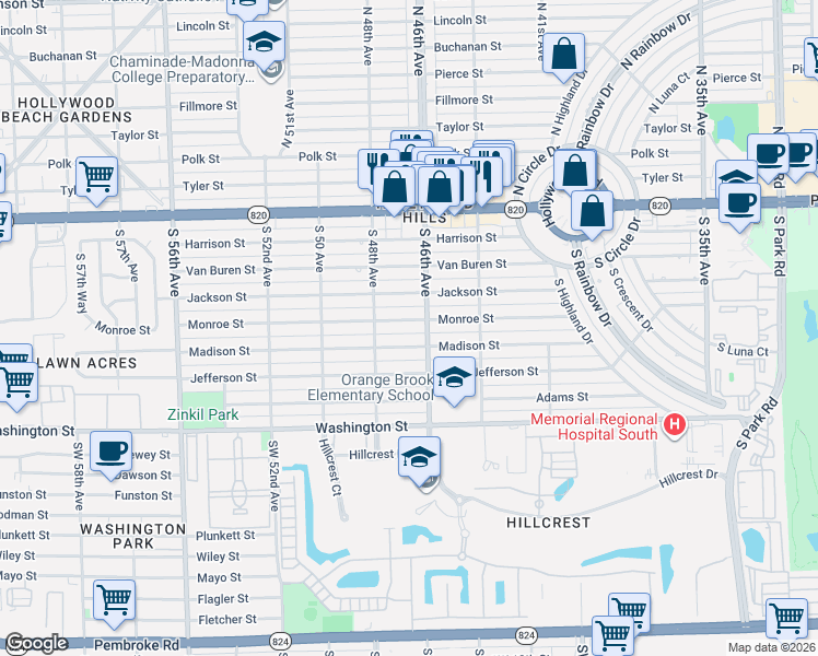 map of restaurants, bars, coffee shops, grocery stores, and more near 4608 Jackson Street in Hollywood