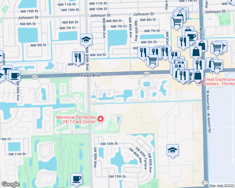 map of restaurants, bars, coffee shops, grocery stores, and more near 8630 Southwest 3rd Street in Pembroke Pines