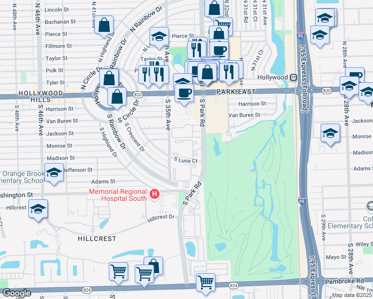 map of restaurants, bars, coffee shops, grocery stores, and more near 460 South Park Road in Hollywood