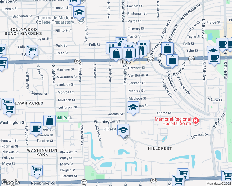 map of restaurants, bars, coffee shops, grocery stores, and more near 4725 Monroe Street in Hollywood