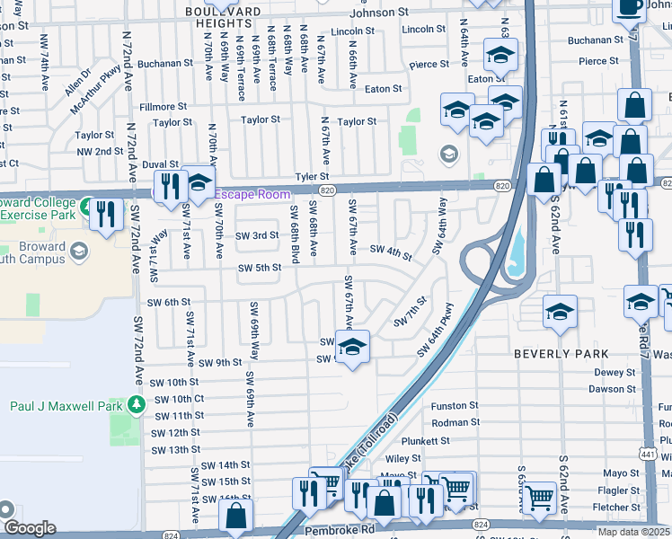 map of restaurants, bars, coffee shops, grocery stores, and more near 400 Southwest 67th Avenue in Pembroke Pines