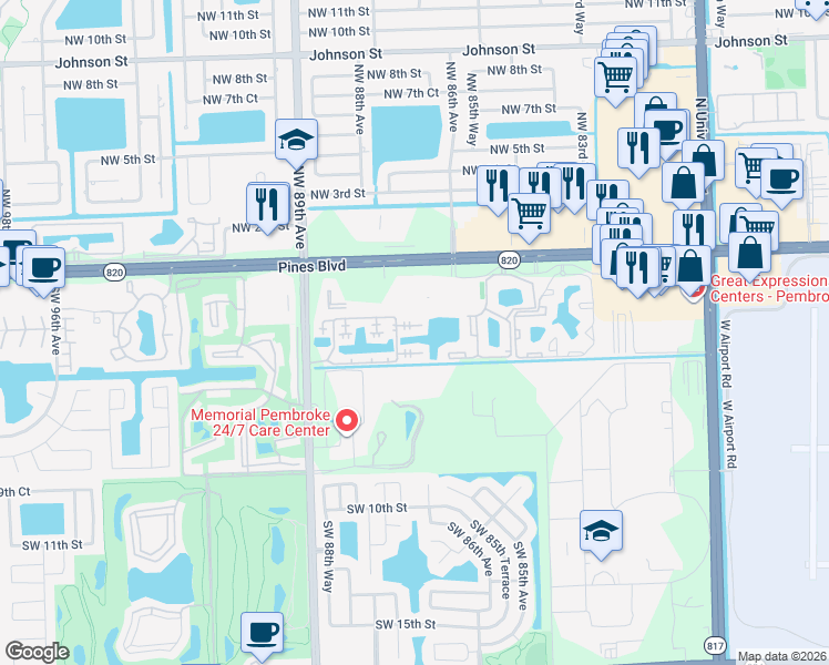 map of restaurants, bars, coffee shops, grocery stores, and more near 333 Southwest 86th Avenue in Pembroke Pines