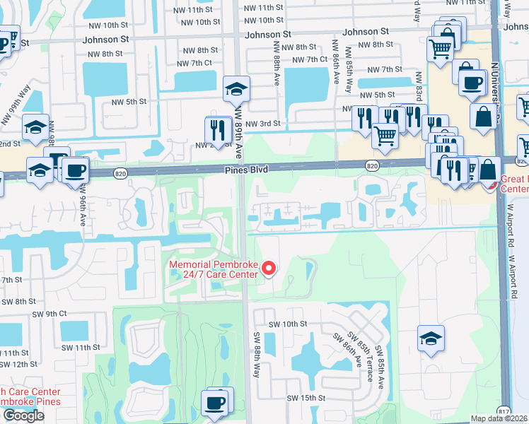 map of restaurants, bars, coffee shops, grocery stores, and more near Southwest 3rd Street in Pembroke Pines