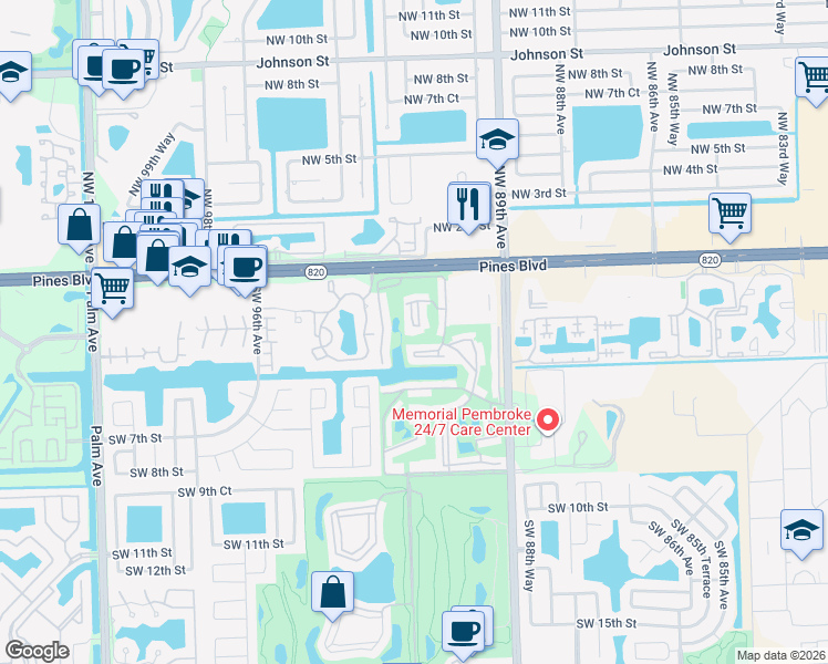 map of restaurants, bars, coffee shops, grocery stores, and more near 150 South Hollybrook Terrace in Pembroke Pines