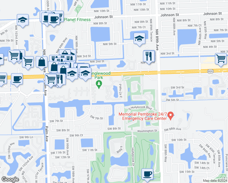 map of restaurants, bars, coffee shops, grocery stores, and more near 202 Palm Circle East in Pembroke Pines