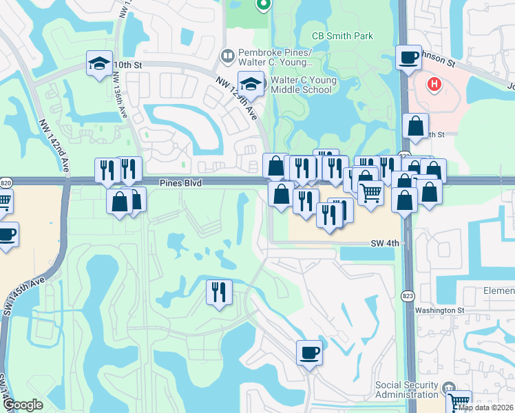 map of restaurants, bars, coffee shops, grocery stores, and more near 13000 Pines Boulevard in Pembroke Pines