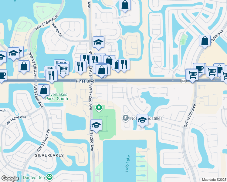 map of restaurants, bars, coffee shops, grocery stores, and more near 16863 Southwest 1st Street in Pembroke Pines