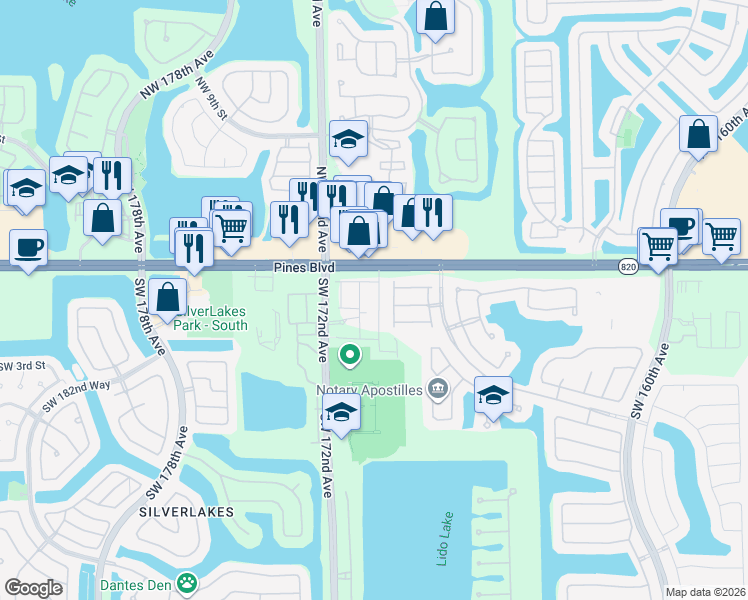 map of restaurants, bars, coffee shops, grocery stores, and more near 102 Southwest 169th Avenue in Pembroke Pines