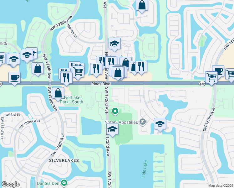 map of restaurants, bars, coffee shops, grocery stores, and more near in Pembroke Pines