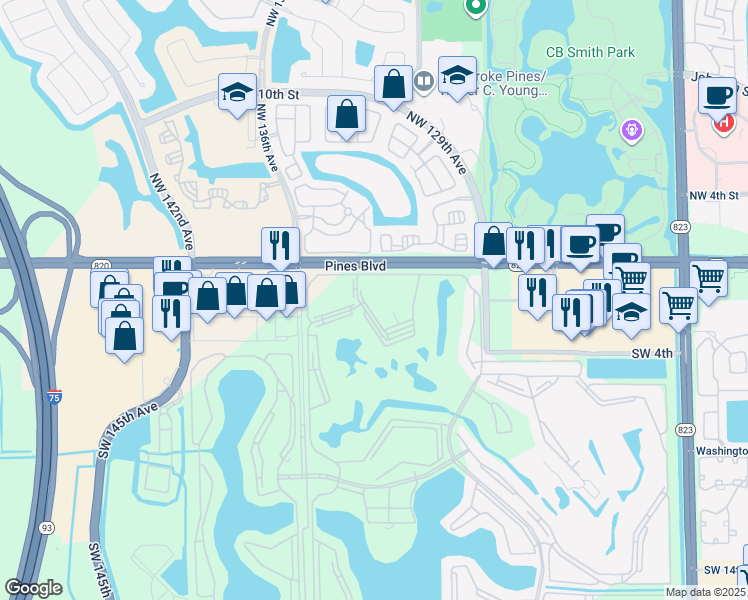 map of restaurants, bars, coffee shops, grocery stores, and more near 13350 Southwest 1st Street in Pembroke Pines