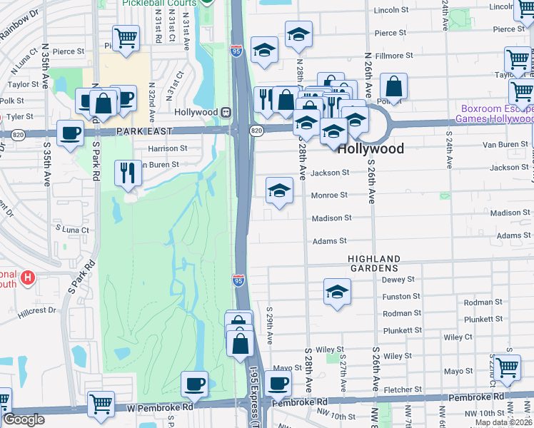 map of restaurants, bars, coffee shops, grocery stores, and more near 2922 Monroe Street in Hollywood