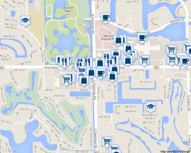 map of restaurants, bars, coffee shops, grocery stores, and more near 289 South Flamingo Road in Pembroke Pines