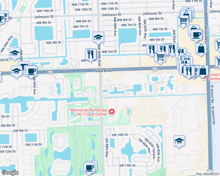 map of restaurants, bars, coffee shops, grocery stores, and more near Southwest 3rd Street in Pembroke Pines