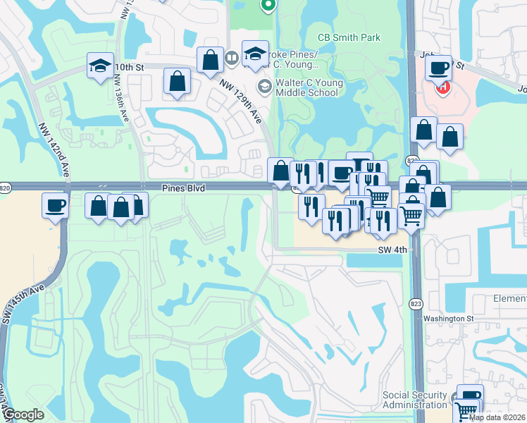map of restaurants, bars, coffee shops, grocery stores, and more near 13000 Pines Boulevard in Pembroke Pines