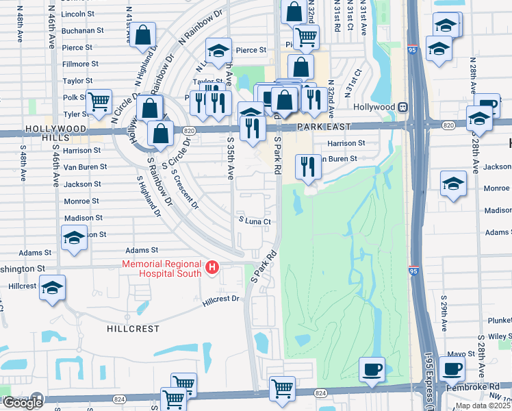 map of restaurants, bars, coffee shops, grocery stores, and more near 550 South Park Road in Hollywood