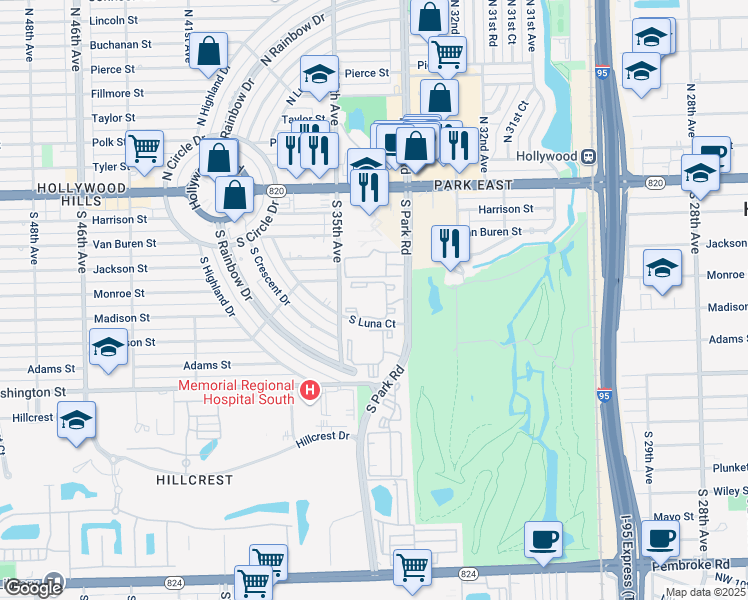 map of restaurants, bars, coffee shops, grocery stores, and more near 650 South Park Road in Hollywood