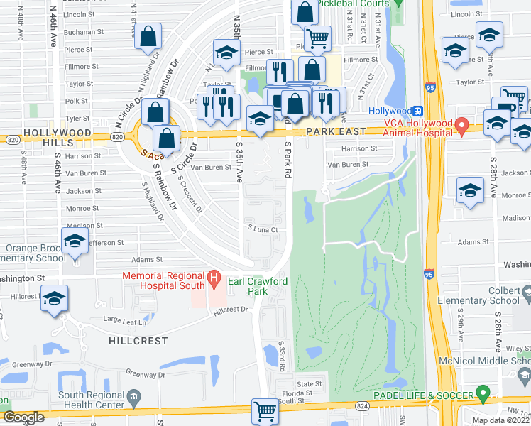 map of restaurants, bars, coffee shops, grocery stores, and more near 460 South Park Road in Hollywood