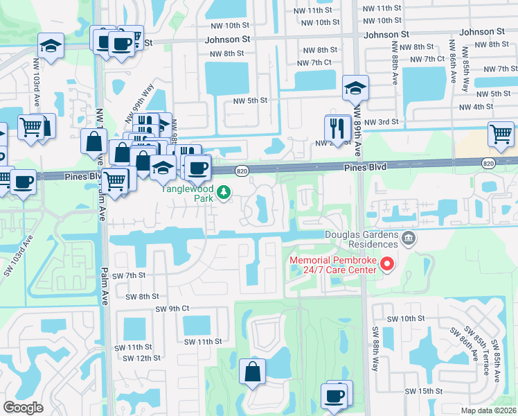 map of restaurants, bars, coffee shops, grocery stores, and more near 202 Palm Circle East in Pembroke Pines