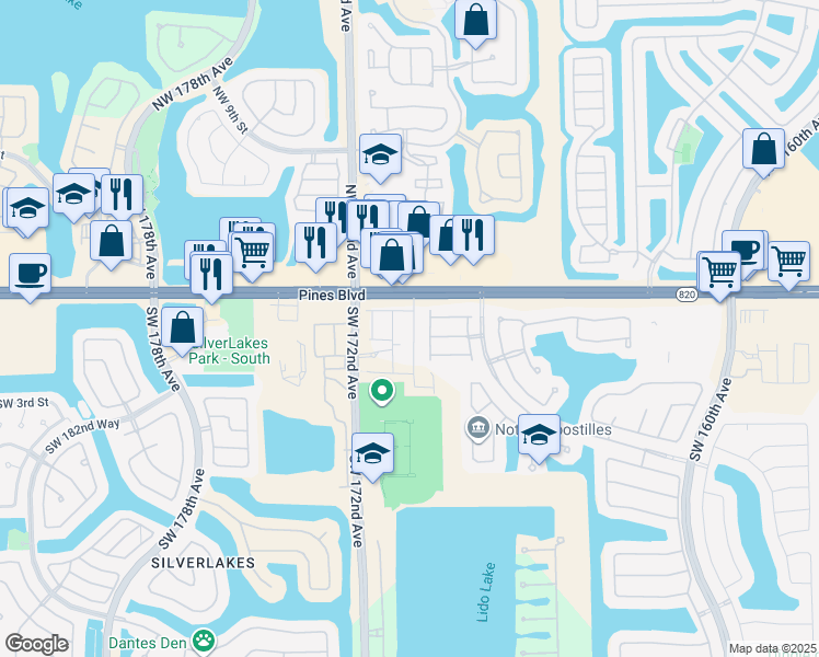 map of restaurants, bars, coffee shops, grocery stores, and more near 102 Southwest 169th Avenue in Pembroke Pines