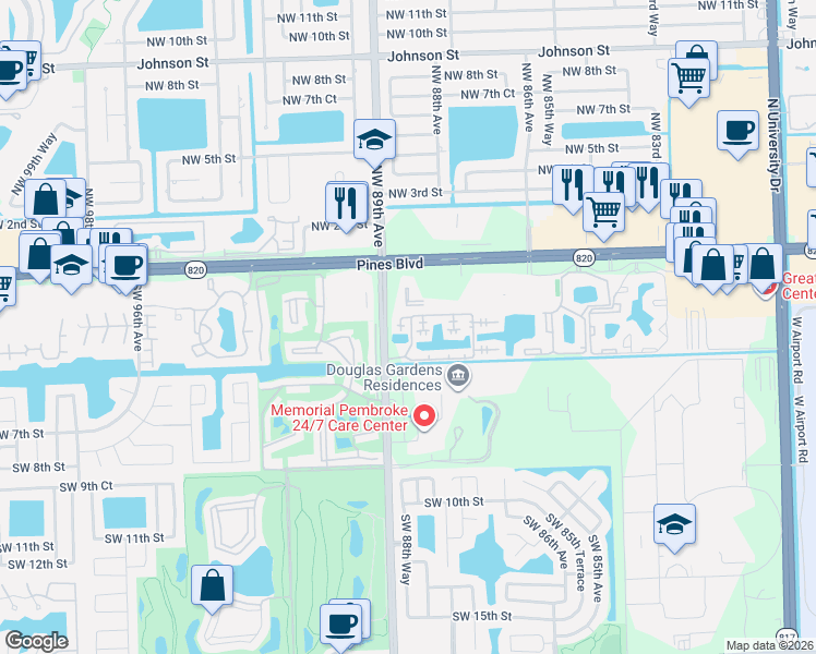 map of restaurants, bars, coffee shops, grocery stores, and more near 256 Douglas Road in Pembroke Pines