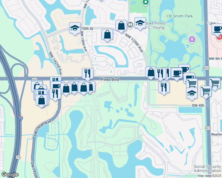 map of restaurants, bars, coffee shops, grocery stores, and more near 150 Southwest 134th Way in Pembroke Pines