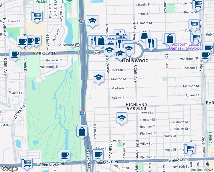 map of restaurants, bars, coffee shops, grocery stores, and more near 505 South 28th Avenue in Hollywood