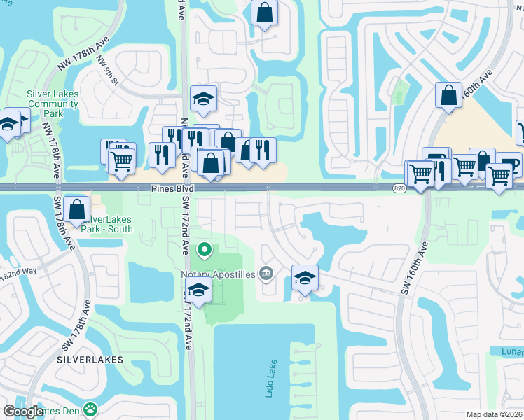map of restaurants, bars, coffee shops, grocery stores, and more near 16681 Southwest 1st Street in Pembroke Pines