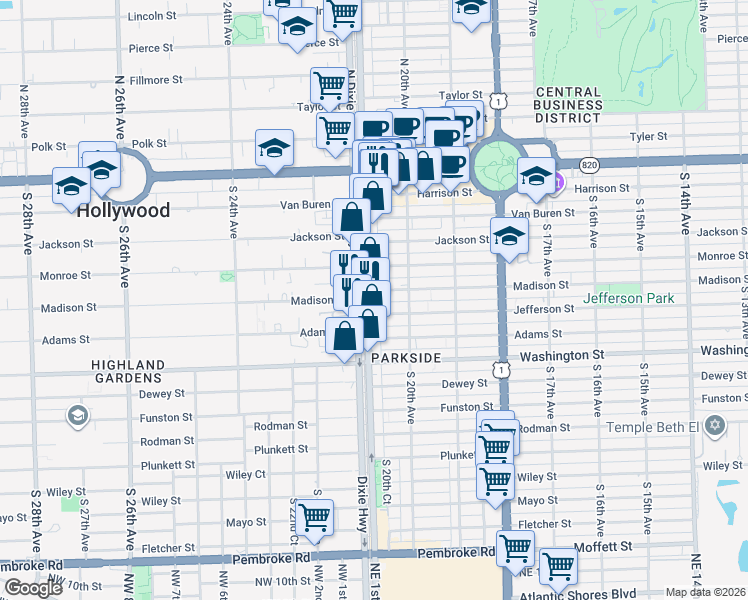 map of restaurants, bars, coffee shops, grocery stores, and more near 2037 Madison Street in Hollywood
