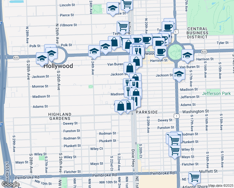 map of restaurants, bars, coffee shops, grocery stores, and more near 2143 Monroe Terrace in Hollywood
