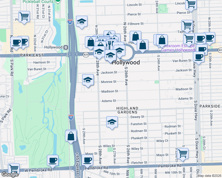 map of restaurants, bars, coffee shops, grocery stores, and more near 2702 Monroe Street in Hollywood