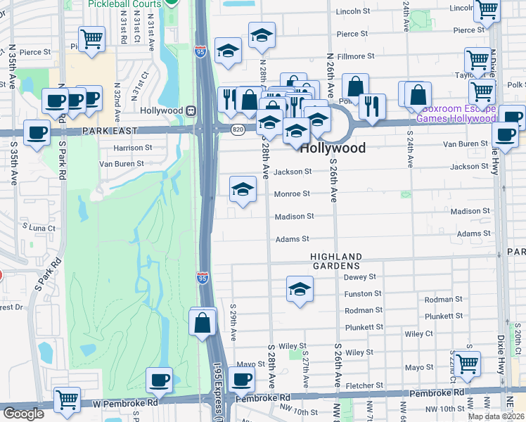 map of restaurants, bars, coffee shops, grocery stores, and more near 505 South 28th Avenue in Hollywood