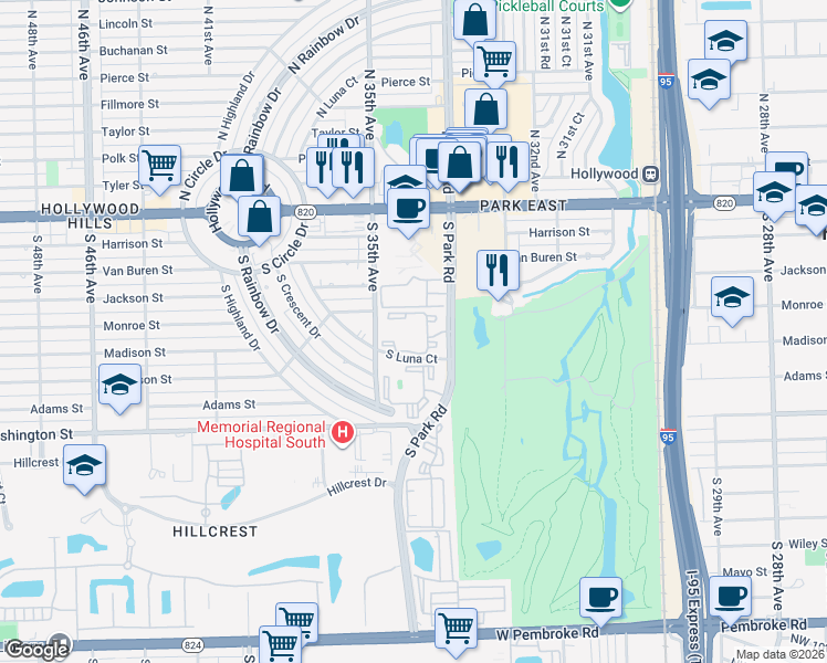 map of restaurants, bars, coffee shops, grocery stores, and more near 460 South Park Road in Hollywood