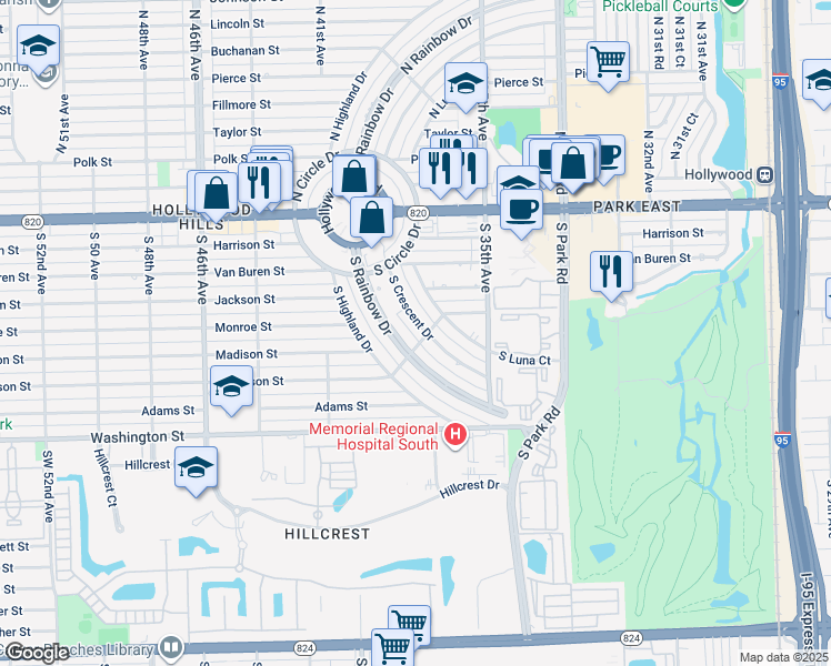 map of restaurants, bars, coffee shops, grocery stores, and more near 210 South Highland Court in Hollywood