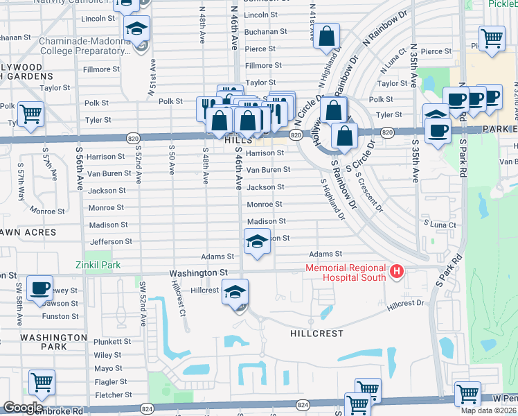 map of restaurants, bars, coffee shops, grocery stores, and more near 4509 Monroe Street in Hollywood