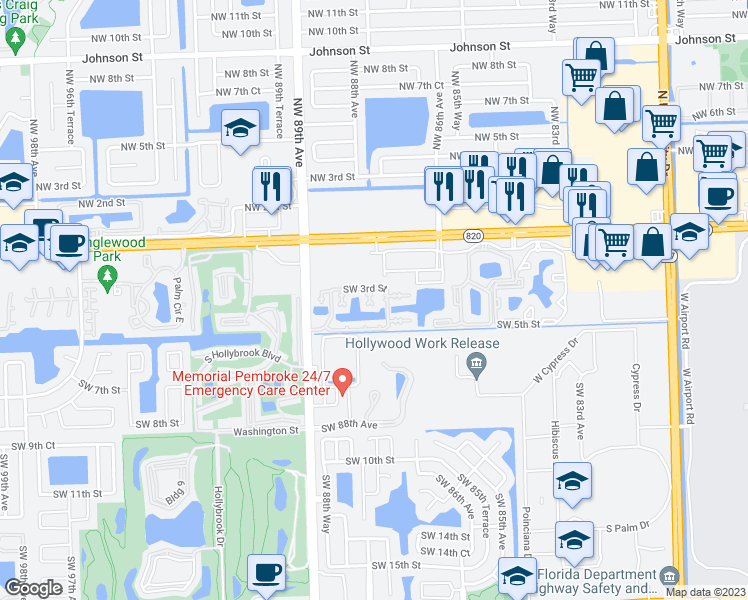 map of restaurants, bars, coffee shops, grocery stores, and more near 8630 Southwest 3rd Street in Pembroke Pines