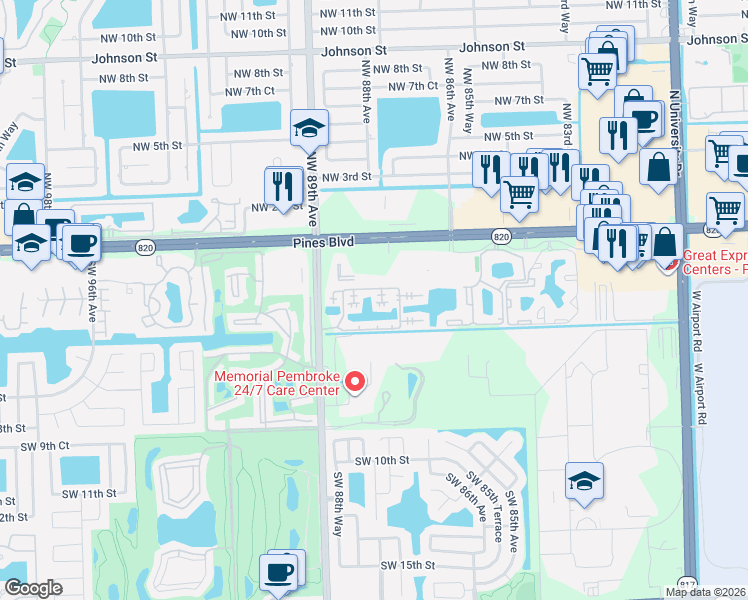 map of restaurants, bars, coffee shops, grocery stores, and more near Southwest 3rd Street in Pembroke Pines