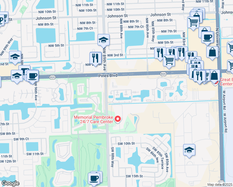 map of restaurants, bars, coffee shops, grocery stores, and more near Southwest 3rd Street in Pembroke Pines
